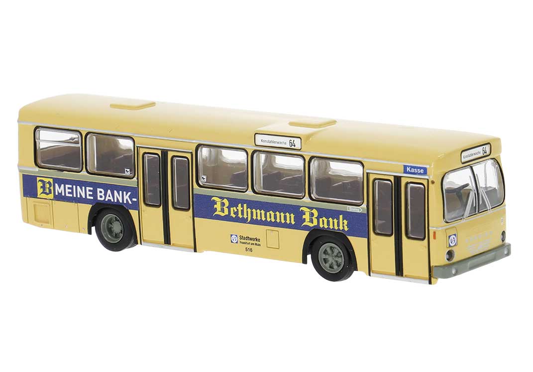 Bussing BS 110V Bus - Assembled -- Frankfurt, Germany (beige, blue, Bethmann Bank Ad, German Lettering)