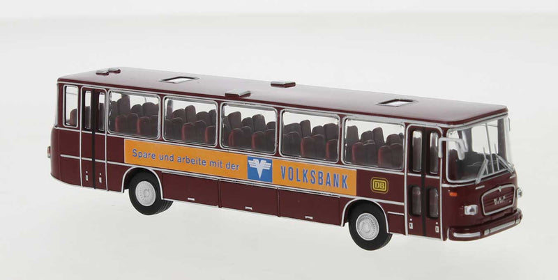 1970 MAN 750 Bus - Assembled -- German Federal Railroad DB (maroon, orange, blue, Volksbank Ads)