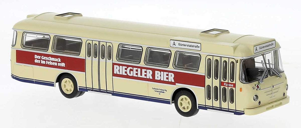 1962 Bussing Senator Bus - Assembled -- Frankfurt, Germany (yellow, red, Riegeler Bier Ad, German Lettering)