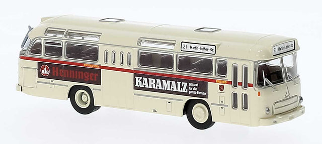 1960 Magirus Saturn II Bus - Assembled -- Mainz, Germany (ivory, black, red, Henninger Karamalz Ad, German)