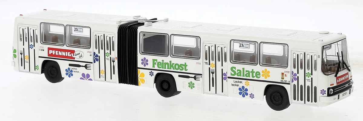 1985 Ikarus 280.02 Articulated Bus - Assembled -- BVG, Germany (white, flowers, Pfennig-Feinkost Ad, German Lettering)