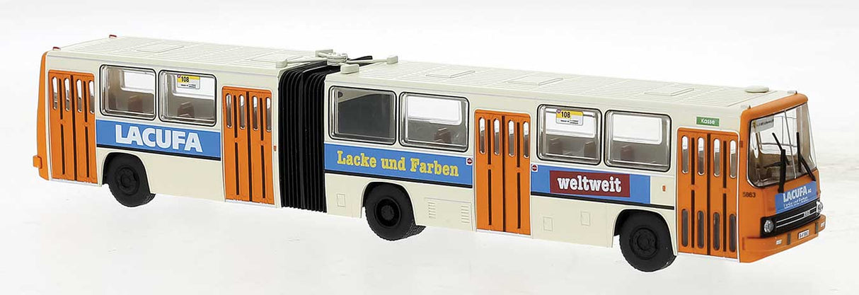 1985 Ikarus 280.02 Articulated Bus - Assembled -- BVG, Germany (cream, orange, blue, Lacufa Ad, German Lettering)