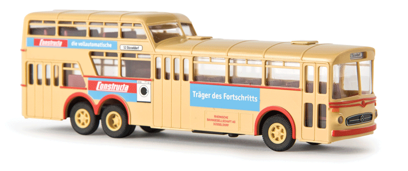 1966 Mercedes-Benz O 317 K Double-Deck Intercity Bus - Assembled -- Rheinbahn/Constructa (beige, blue, orange, German Lettering)