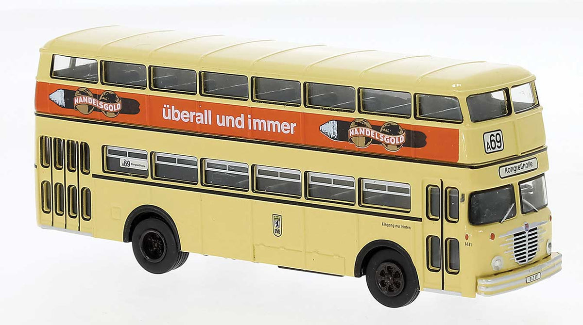 1960s Bussing D2U Double-Deck Bus - Assembled -- BVG (yellow, orange, Handelsgold Ad, German Lettering)