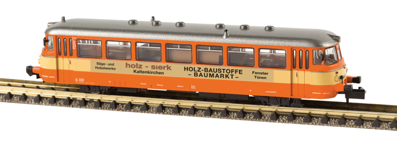 MAN Schienenbus VT 2.12 Rail Bus - Standard DC -- AKN Eisenbahn (Era III, orange, yellow, silver, Holz-Sierk Advertising)