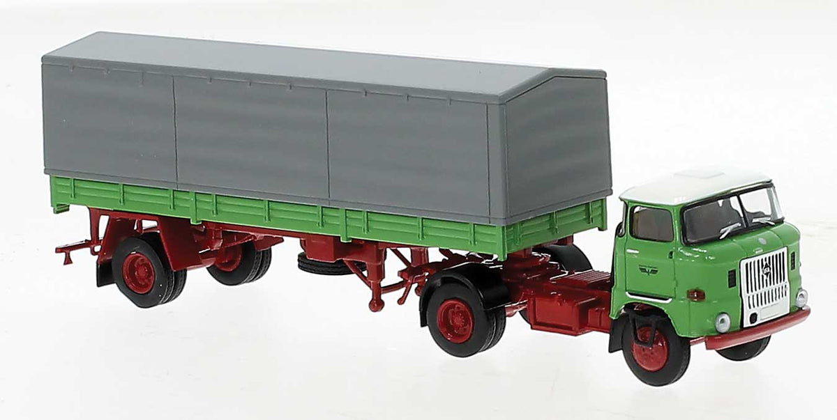 1965 IFA W 50 Tractor with Covered Low-Side Trailer - Assembled -- Deutschen Bahn (green, red, gray, German Lettering)