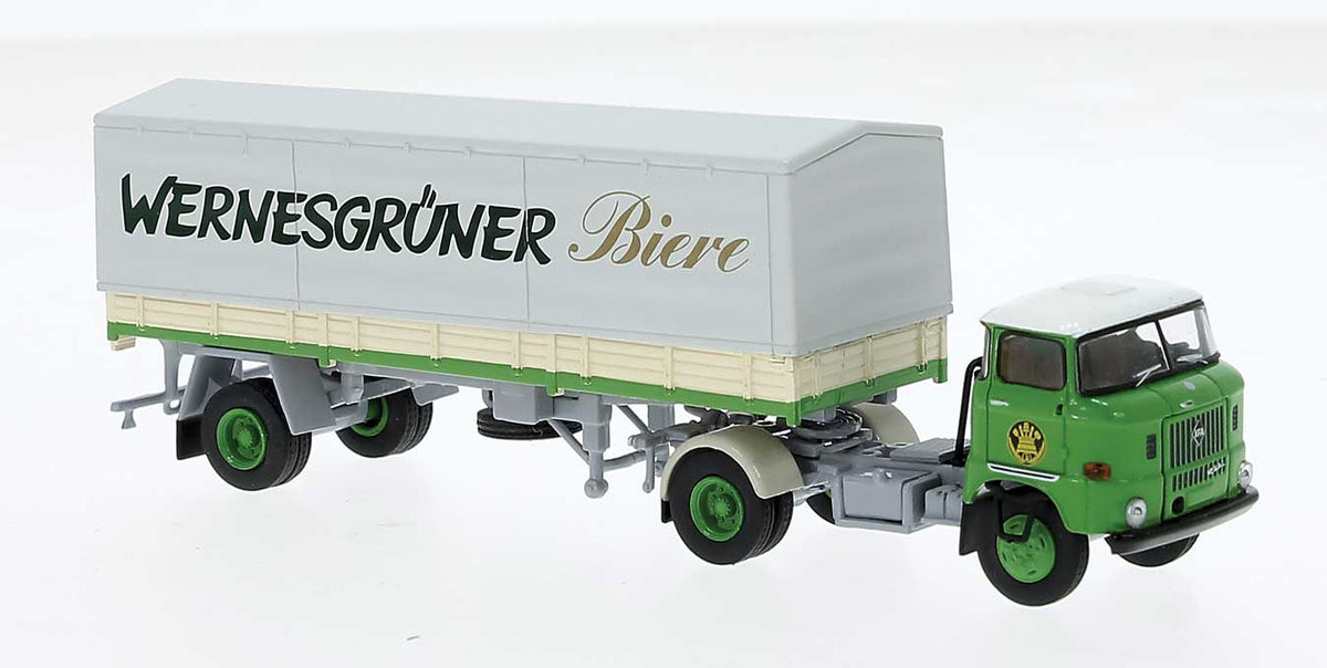 1965 IFA W 50 Tractor with Covered Low-Side Trailer - Assembled -- Wernesgruner (green, white, gray, German Lettering)