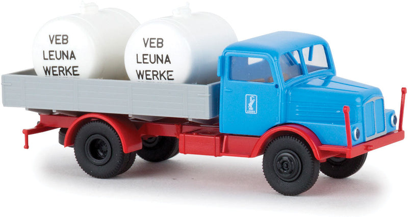 1958-1967 IFA S 4000 Low-Side Delivery Truck with Tank Load - Assembled -- Leuna (blue, red, gray, German Lettering)