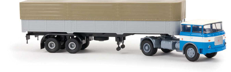 1957-1987 Skoda-LIAZ 706 Tractor with Low-Side Trailer & Tarp - Assembled -- Blue, White, Gray