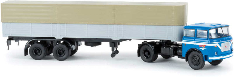 1957-1987 Skoda-LIAZ 706 Tractor with Low-Side Trailer and Tarp - Assembled -- KVK Gera (blue, gray, beige, German Lettering)