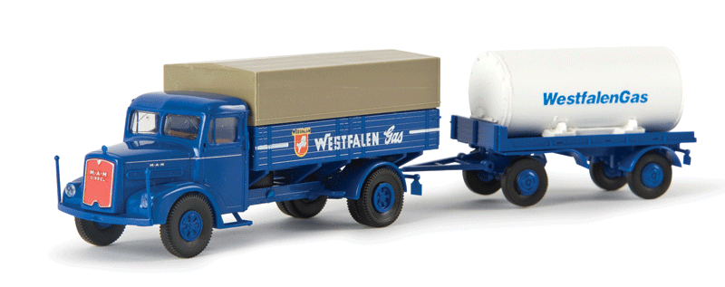 MAN F 8 Low-Side Truck w/Tank Trailer - Assembled -- Westfalen Gas (blue, white, red, German Lettering)-1