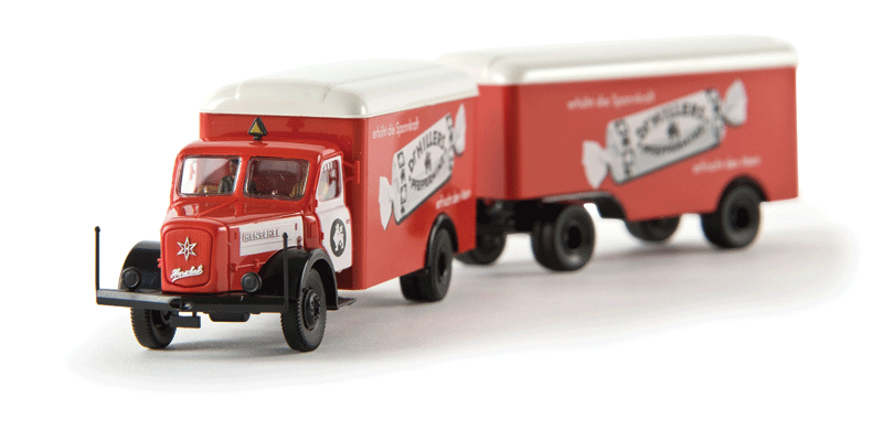 Henschel HS 140 Box Van Truck With Trailer - Assembled -- With Figure, Hiller«s Pfefferminz (red, white, black, German Lettering)