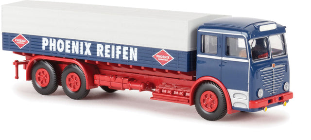 1951 Bussing 12000 Low-Side Truck w/Cover - Assembled -- Phoenix Reifen (blue, red, white, German Lettering)