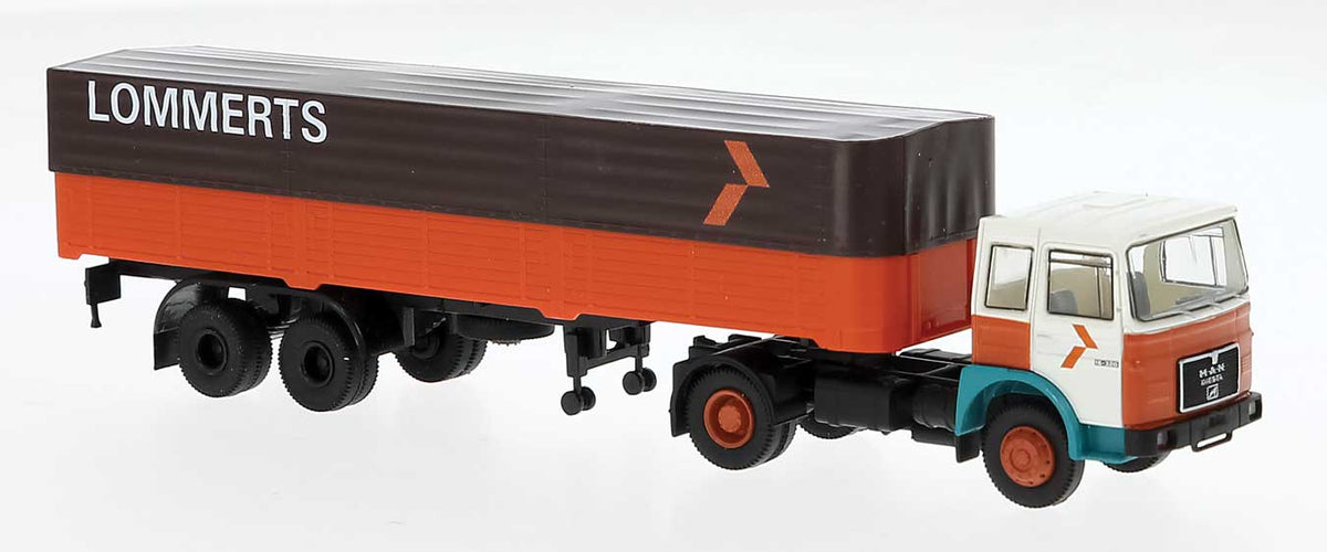 1968 MAN F7 Tractor with Low-Side Covered Trailer - Assembled -- Lommerts (orange, black, white, Dutch Lettering)
