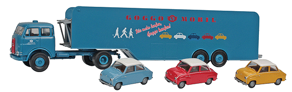MAN 10.212 FS Tractor w/Auto Trailer - Assembled -- With 3 1950s Goggomobil Vehicle Load Glas (German Lettering)