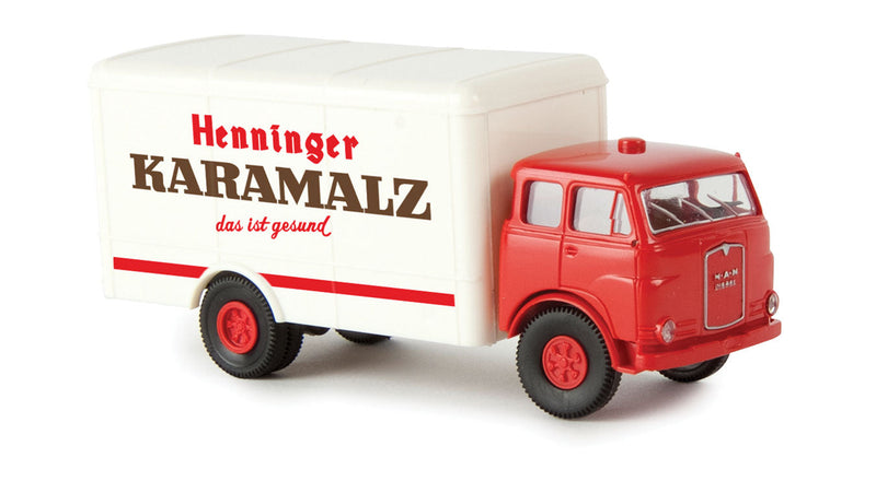 MAN 10.212 FS LP 608 Box-Body Delivery Truck - Assembled -- Henninger Karamalz (red, white, German Lettering)