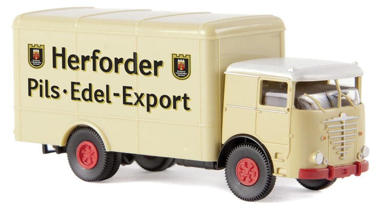1951 Bussing 12000 Rounded Box Body Truck - Assembled -- Herforder Pils (ivory, black, red, German Lettering)