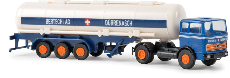 Mercedes-Benz LPS 1620 Tractor w/Tank Trailer - Assembled -- Bertschi AG (blue, orange, white, German Lettering)