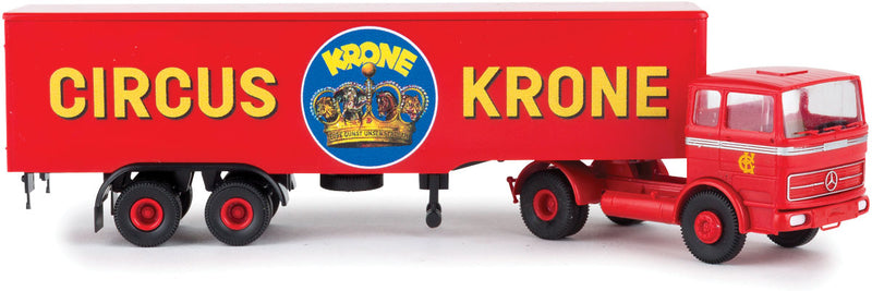 Mercedes-Benz LPS 1620 Low-Side Truck with Van Trailer - Assembled -- Circus Krone (red, yellow, blue, German Lettering)