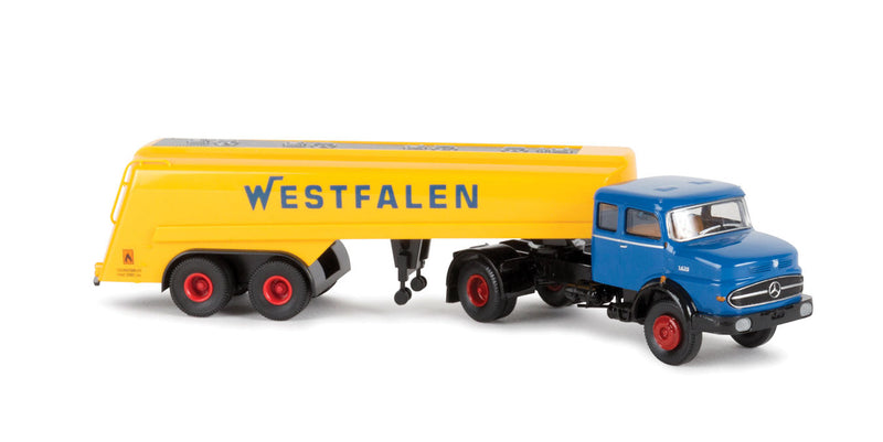 1960s Mercedes-Benz LS 1620 Tractor w/Tank Trailer - Assembled -- Westfalen (blue, yellow, German Lettering)