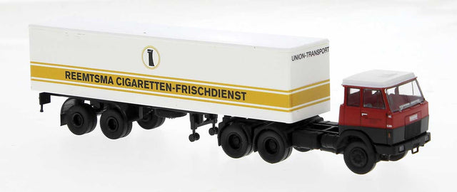 Henschel F221S Tractor with Van Trailer - Assembled -- Reemtsma der Union Transport (red, white, yellow, German Lettering)