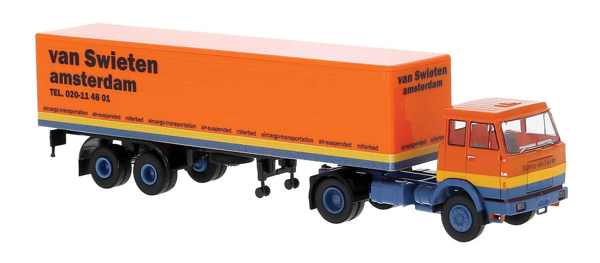 Henschel F161 Tractor with Van Trailer - Assembled -- Van Swieten (orange, yellow, blue, German Lettering)