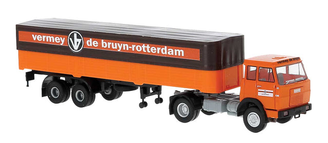 Henschel F161 Tractor with Covered Low-Side Trailer - Assembled -- Vermey de Bruyn (orange, black, German Lettering)