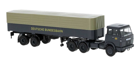 Henschel F161 Tractor with Covered Low-Side Trailer - Assembled -- German Federal Railroad DB (gray, yellow, German Lettering)