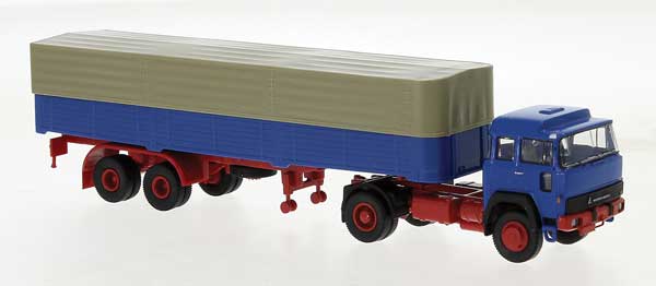 1974 Magirus 310 D16 Tractor with Low-Side Trailer & Canvas Cover - Assembled -- Blue, Red, Taupe