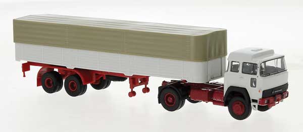 1974 Magirus 310 D16 Tractor with Low-Side Trailer & Canvas Cover - Assembled -- White, Red, Taupe
