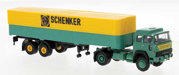 1970s Magirus 310 D16 Tractor with Low-Side Trailer - Assembled -- Schenker (green, yellow, German Lettering)