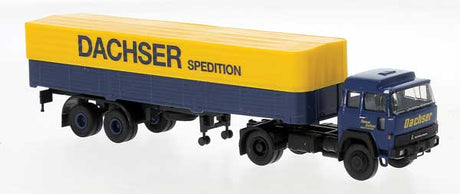 1970s Magirus 310 D16 Tractor with Low-Side Trailer - Assembled -- Dachser (blue, yellow, German Lettering)
