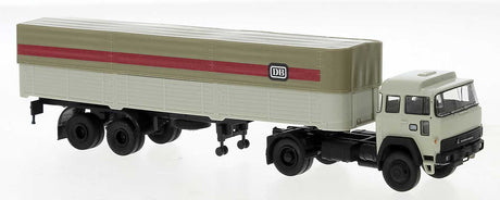 1974 Magirus 310 D 16 Tractor with Low-Side Trailer & Cover - Assembled -- German Federal Railroad DB (white, taupe, red, German Lettering)