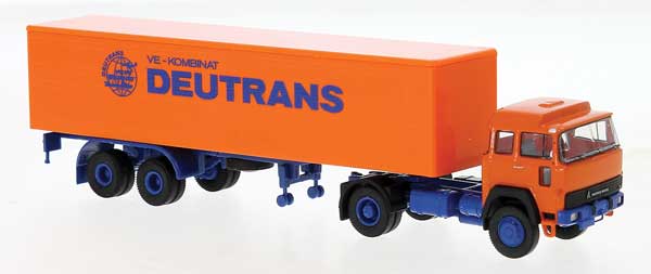 1970s Magirus 310 D16 Tractor with Low-Side Trailer - Assembled -- Deutrans (orange, blue, German Lettering)