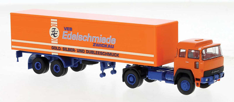 1974 Magirus 310 D 16 Tractor with Box Trailer - Assembled -- Edelschmiede - Deutrans (orange, blue, German Lettering)