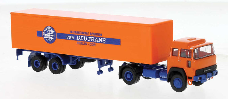 1974 Magirus 310 D 16 Tractor with Box Trailer - Assembled -- Deutrans (orange, blue, German Lettering)