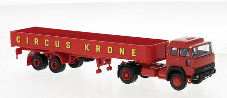 1974 Magirus 310 D 16 Tractor with Low-Side Trailer - Assembled -- Circus Krone (red, yellow, blue, German Lettering)