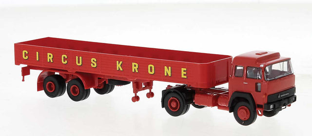 1974 Magirus 310 D 16 Tractor with Low-Side Trailer - Assembled -- Circus Krone (red, yellow, blue, German Lettering)