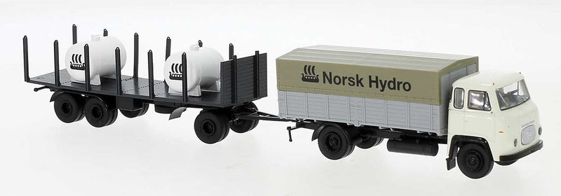 1960s Scania LB 76 Low-Side Truck with Flatbed Trailer - Assembled -- Norsk Hydro (gray, black, ivory, Norsk Lettering)