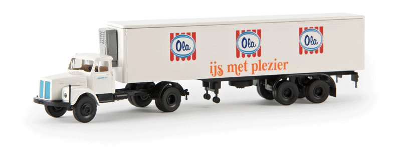 Scania L 110 Sattelzug Semi w/Reefer Trailer -- Ola (white, blue, red, yellow, Dutch Lettering)