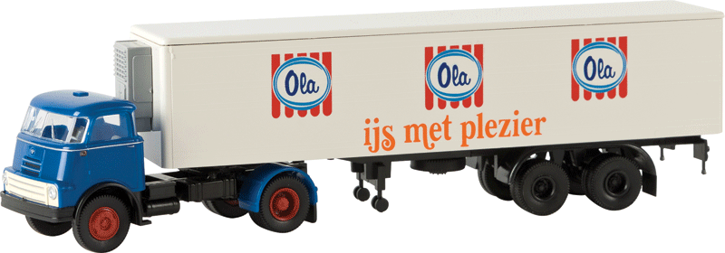1957-1970s DAF DO 2000 Semi Tractor w/Reefer Trailer - Assembled -- Ola (blue, white, red, yellow ,Dutch Lettering)