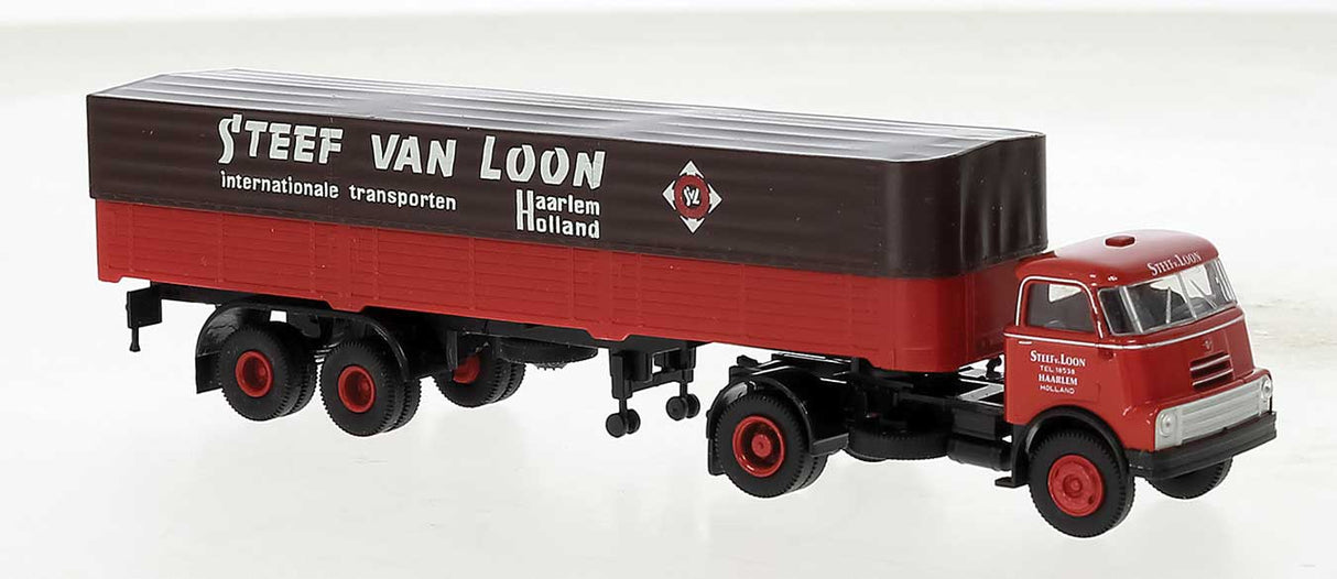 DAF DO 2000 Semi Tractor w/Low-Side Trailer and Cover - Assembled -- Steef van Loon (red, black, brown, Dutch Lettering)