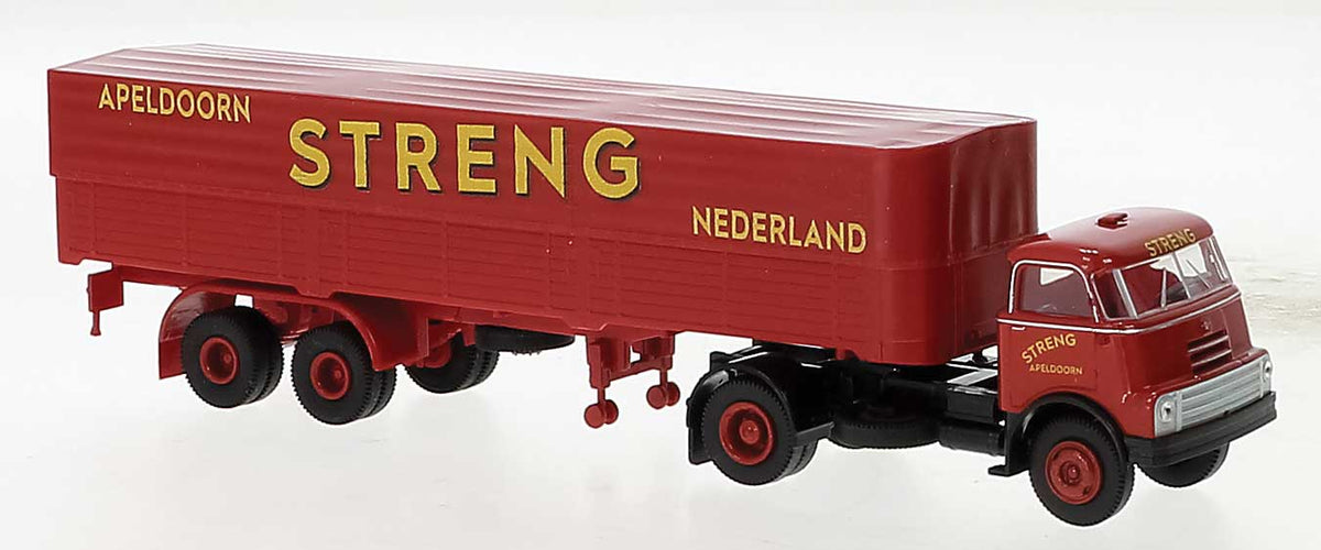 1957 DAF Do 2000 Tractor with Low-Side Covered Trailer - Assembled -- Streng (red, yellow, Dutch Lettering)