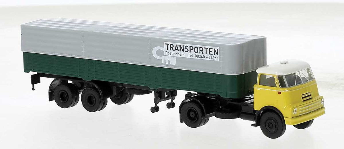 DAF DO 2000 Semi Tractor w/Low-Side Trailer and Cover - Assembled -- GelderscheTW (yellow, green, gray, Dutch Lettering)