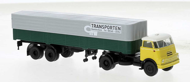 DAF DO 2000 Semi Tractor w/Low-Side Trailer and Cover - Assembled -- GelderscheTW (yellow, green, gray, Dutch Lettering)
