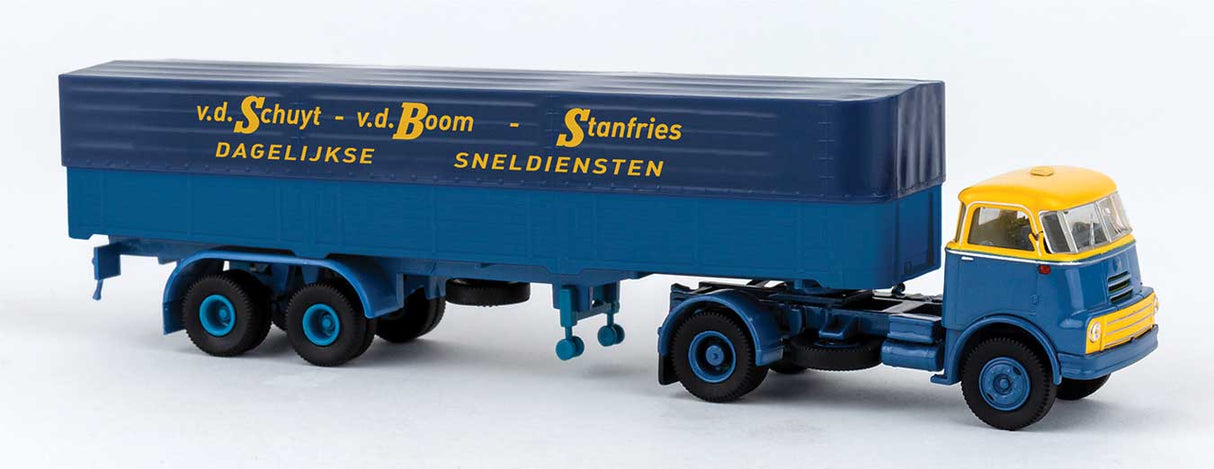 1957-1970s DAF DO 2000 Semi Tractor w/Covered Low-Side Trailer - Assembled -- SBS (blue, yellow, Dutch Lettering)