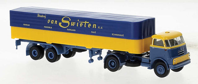 DAF DO 2000 Semi Tractor w/Low-Side Trailer and Cover - Assembled -- van Swieten (yellow, blue, Dutch Lettering)