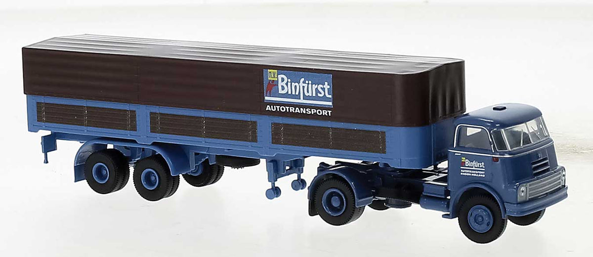 1957-1970s DAF DO 2000 Semi Tractor w/Covered Low-Side Trailer - Assembled -- Binfurst (blue, brown, Dutch Lettering)