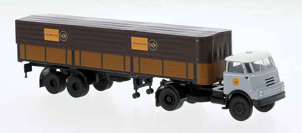1957-1970s DAF DO 2000 Semi Tractor w/Low-Side Covered Trailer - Assembled -- Van Gend & Loos (gray, brown, Dutch Lettering)