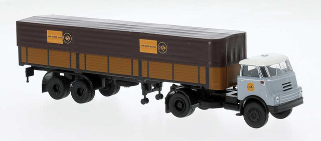 1957-1970s DAF DO 2000 Semi Tractor w/Low-Side Covered Trailer - Assembled -- Van Gend & Loos (gray, brown, Dutch Lettering)